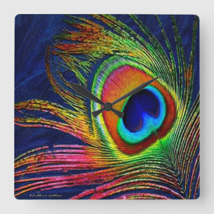 Colorful Peacock Feather Print Square Wall Clock