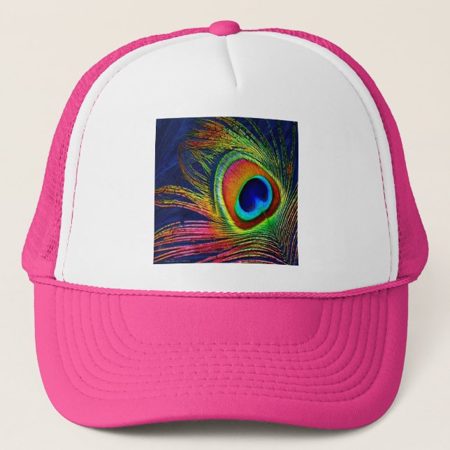Colorful Peacock Feather Print Trucker Hat (Front)