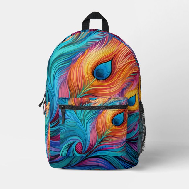 Colorful Peacock feather Printed Backpack (Front)