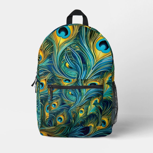 Colorful Peacock feather Printed Backpack (Front)