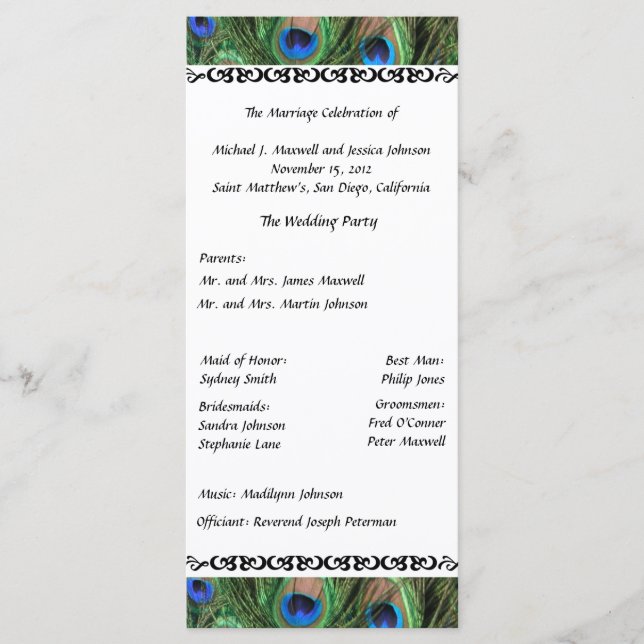 Colorful Peacock Feather Wedding Program (Front)