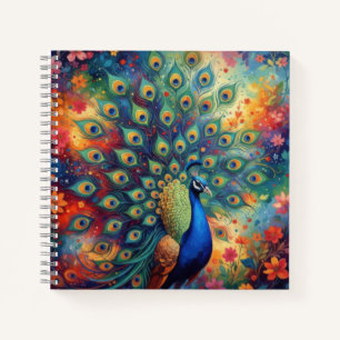 Colorful Peacock Feathers and Flowers Notebook