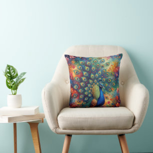 Colorful Peacock Feathers and Flowers Throw Pillow