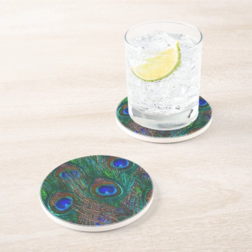 Colorful Peacock Feathers Etching Style Coaster
