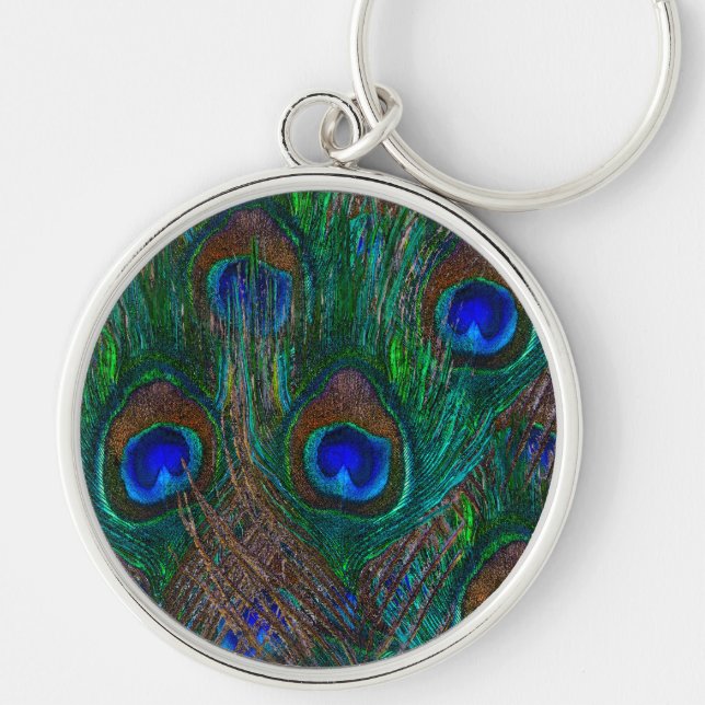 Colorful Peacock Feathers Etching Style Keychain (Front)