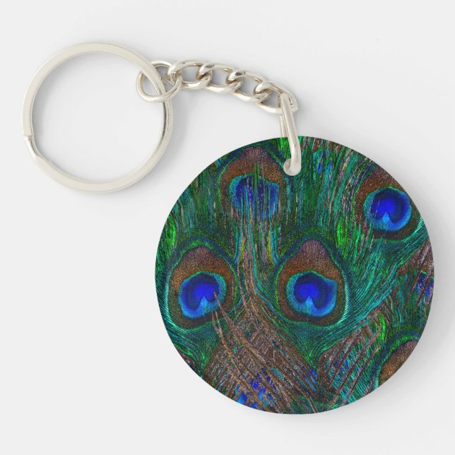 Colorful Peacock Feathers Etching Style Keychain (Front)