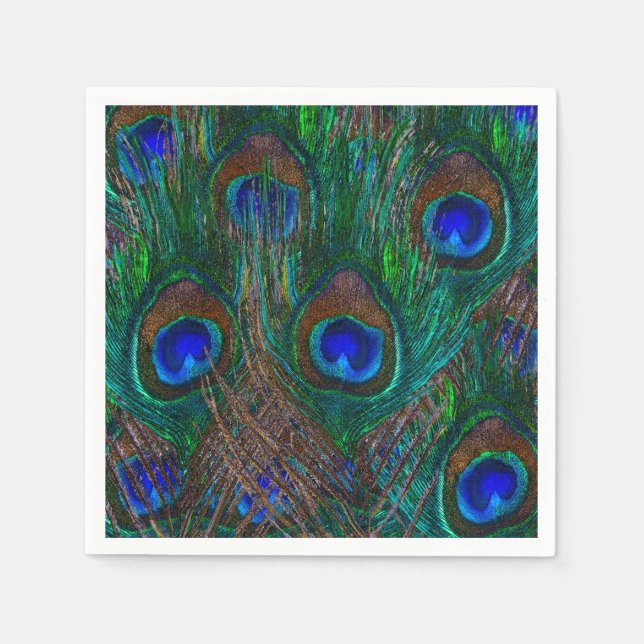 Colorful Peacock Feathers Etching Style Napkins (Front)