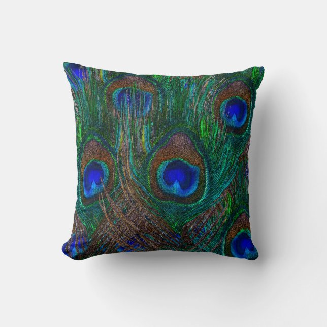 Colorful Peacock Feathers Etching Style Throw Pillow (Front)