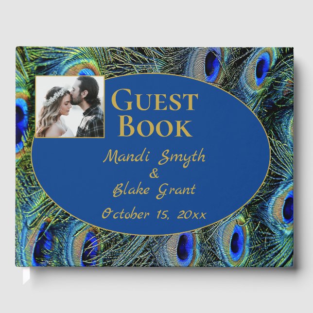Colorful Peacock Feathers Gold Font Wedding Guest Book (Front)