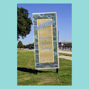 Colorful Peacock Feathers Gold Welcome Retractable Banner