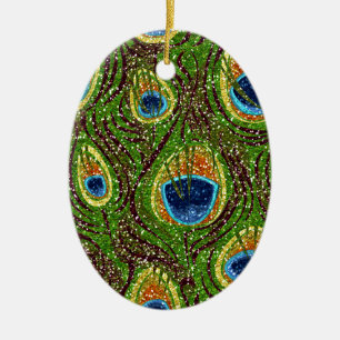 Colorful Peacock Feathers Print Ceramic Ornament