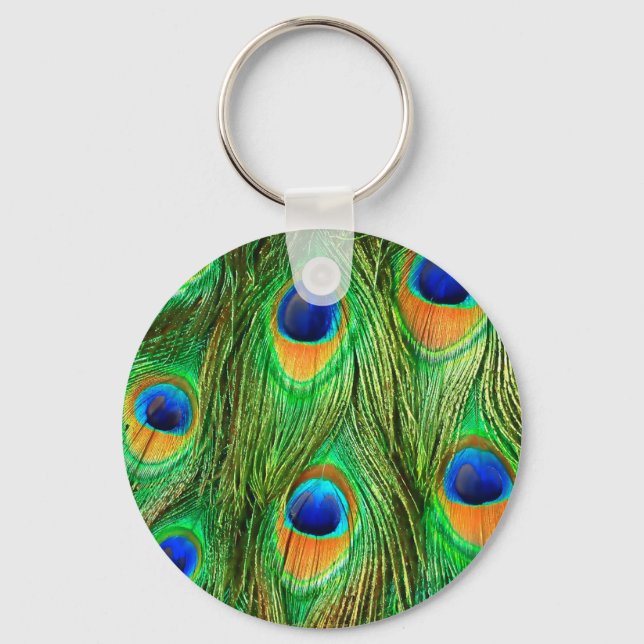 Colorful Peacock Feathers Print Keychain (Front)