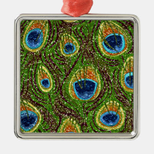 Colorful Peacock Feathers Print Metal Ornament
