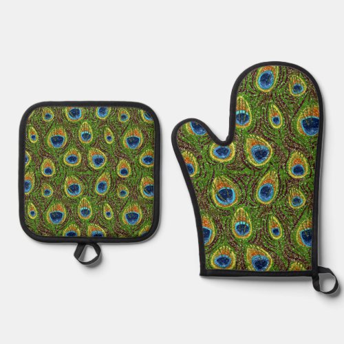 Colorful Peacock Feathers Print Oven Mitt  Pot Holder Set