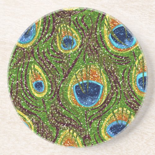 Colorful Peacock Feathers Print Sandstone Coaster