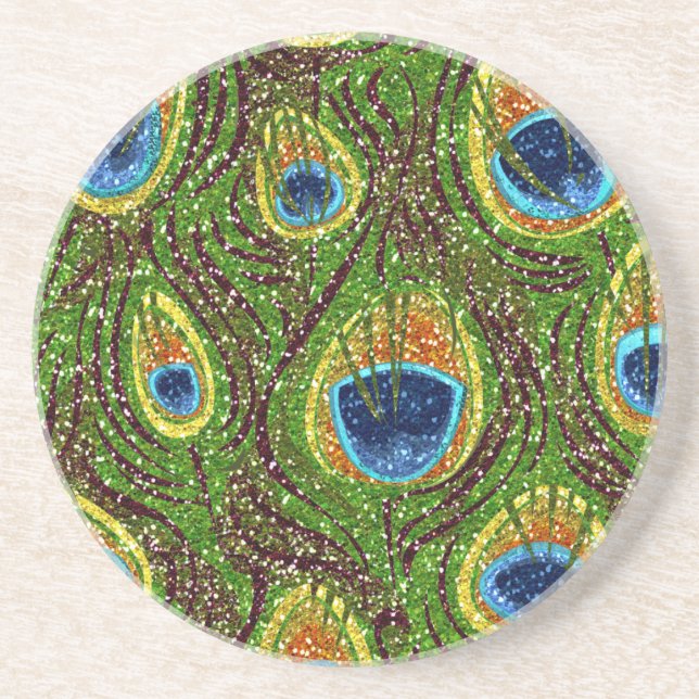Colorful Peacock Feathers Print Sandstone Coaster (Front)