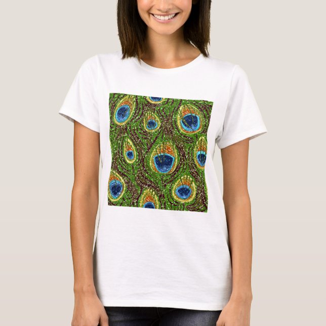 Colorful Peacock Feathers Print T-Shirt (Front)