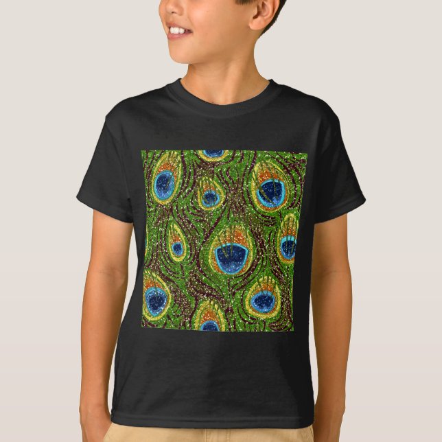 Colorful Peacock Feathers Print T-Shirt (Front)