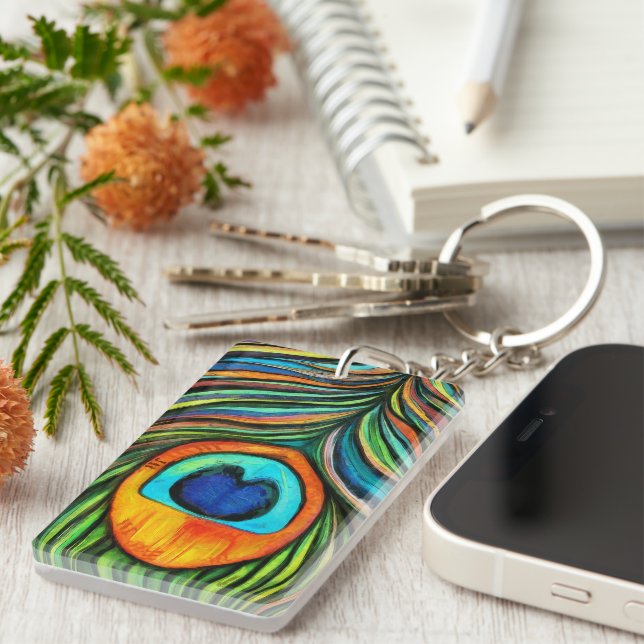 Colorful Peacock Firebird Feather Painting Keychain (Front Right)