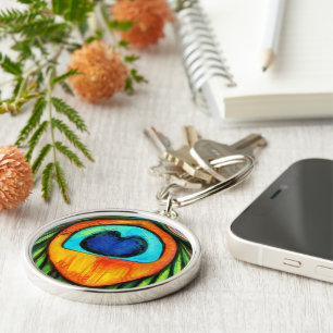 Colorful Peacock Firebird Feather Painting Keychain