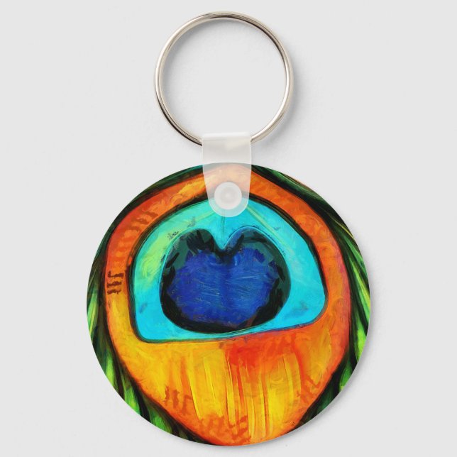 Colorful Peacock Firebird Feather Painting  Keychain (Front)