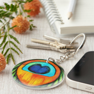 Colorful Peacock Firebird Feather Painting Keychain