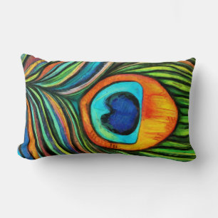 Colorful Peacock Firebird Feather Painting Lumbar Pillow