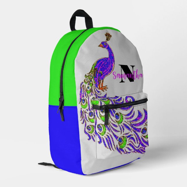 Colorful Peacock Graphic Personalized Backpack,  Printed Backpack (Back Corner Left)