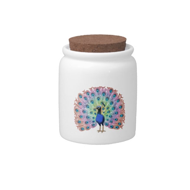 Colorful Peacock Illustration with Elegant Feather Candy Jar (Front)