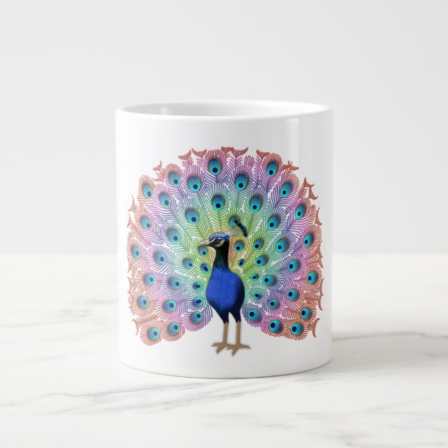 Colorful Peacock Illustration with Elegant Feather Giant Coffee Mug (Front)