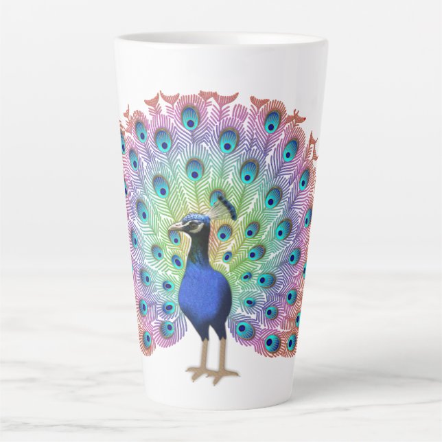 Colorful Peacock Illustration with Elegant Feather Latte Mug (Front)