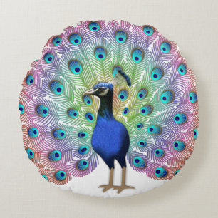 Colorful Peacock Illustration with Elegant Feather Round Pillow