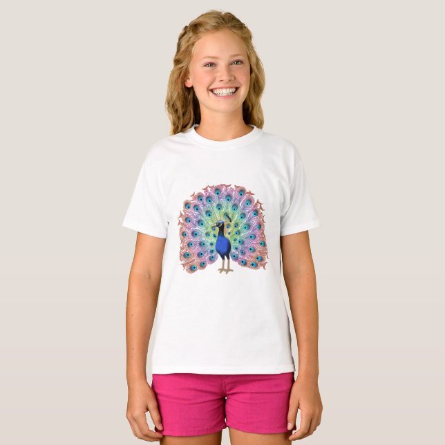 Colorful Peacock Illustration with Elegant Feather T-Shirt (Front Full)