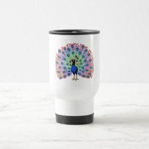 Colorful Peacock Illustration with Elegant Feather Travel Mug