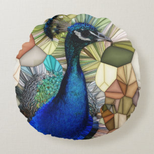 Colorful Peacock Mosaic Round Cushion