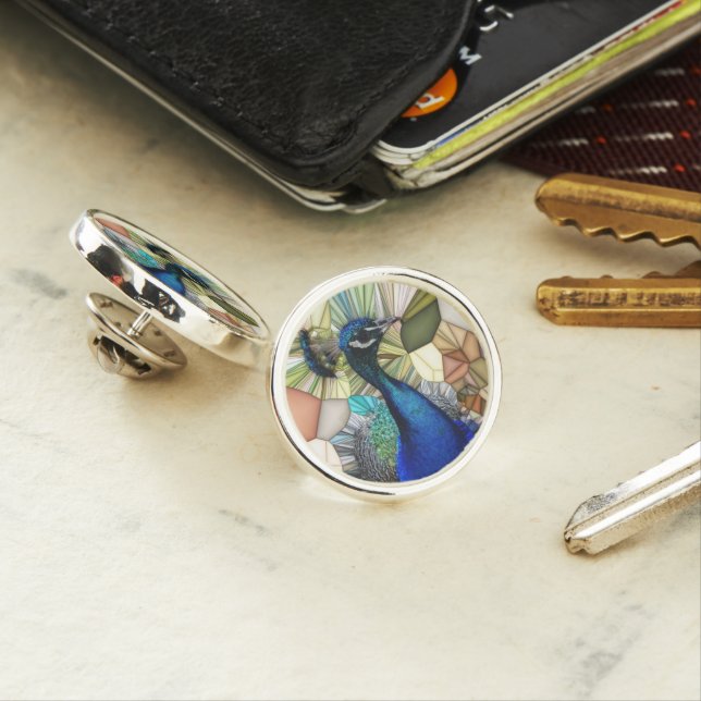 Colorful Peacock Mosaic Round Lapel Pin (In Situ)