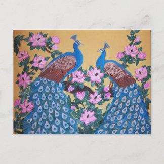 Colorful Peacock paon magnolias acrylic painting Postcard