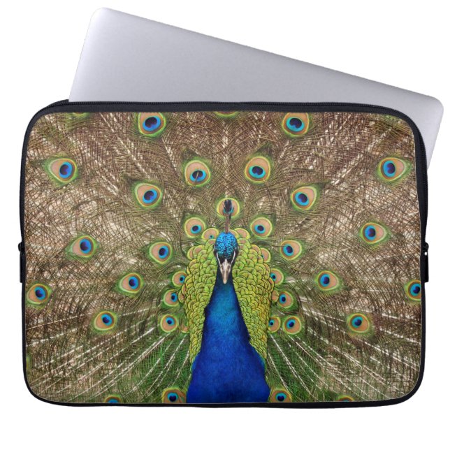 Colorful peacock print laptop sleeve (Front)