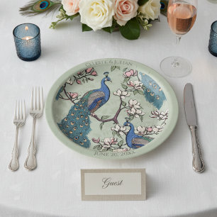 Colorful Peacock Sage Green Paper Plates