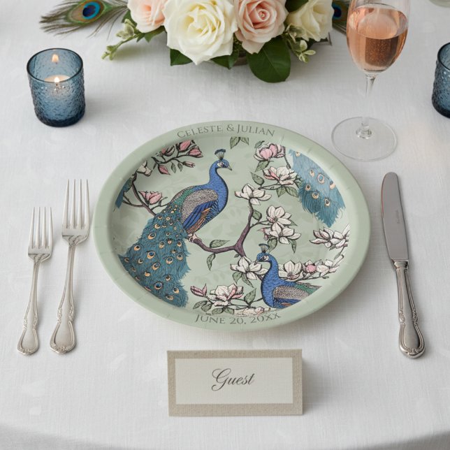 Colorful Peacock Sage Green Paper Plates (Colorful Peacock Round Wedding Plates. Elegant Floral Peacock & Magnolia Flowers Sage Green Pattern)