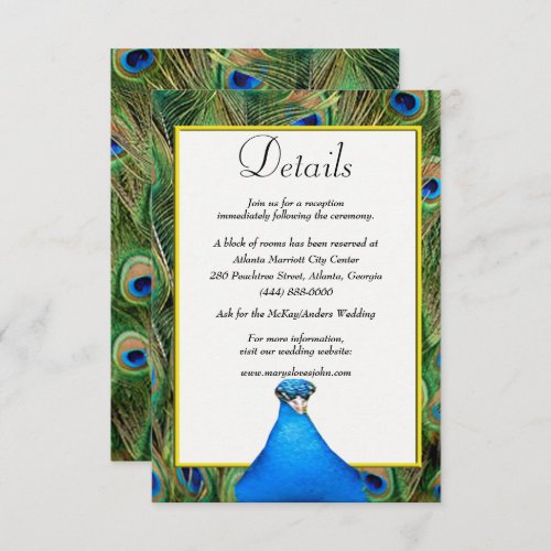 Colorful Peacock Wedding Details Enclosure Card