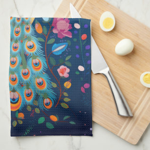 Colorful Peacock with Blue Green Orange Feathers Kitchen Towel