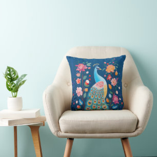 Colorful Peacock with Blue Green Orange Feathers Throw Pillow