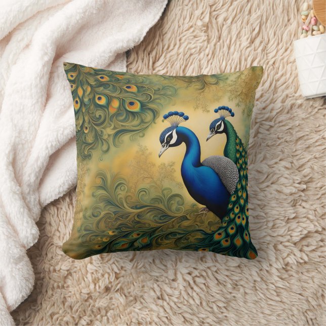 Colorful Peacocks Among Vibrant Greenery Throw Pillow (Blanket)