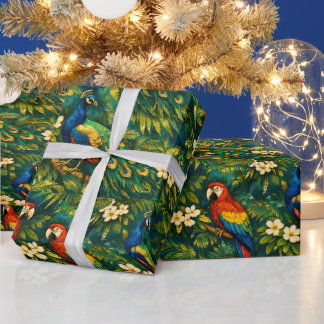Colorful Peacocks and Parrots in tropical gold Wrapping Paper