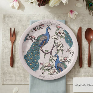 Colorful Peacocks Blush Pink Paper Plates