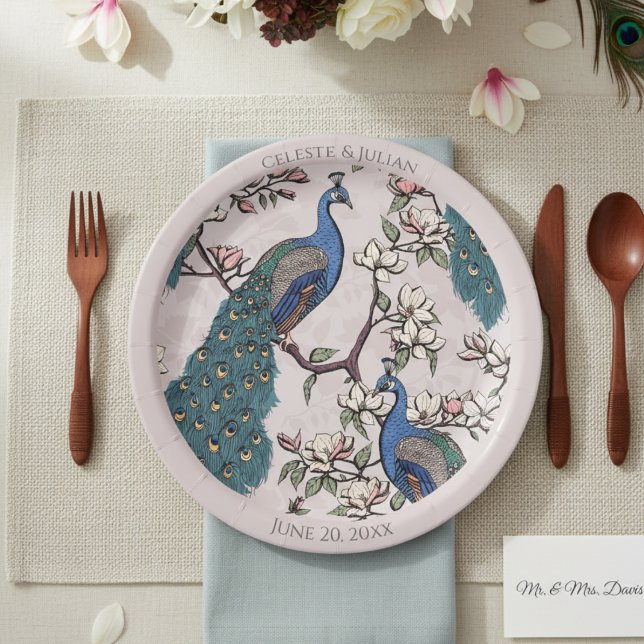 Colorful Peacocks Blush Pink Paper Plates (Colorful Floral Peacock Blush Pink Wedding Plates for Bridal Shower, Anniversary. Elegant Peacock)