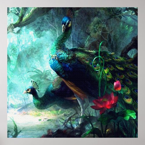 Colorful peacocks in misty forest Poster