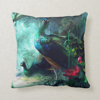 Colorful peacocks in misty forest Throw Pillow
