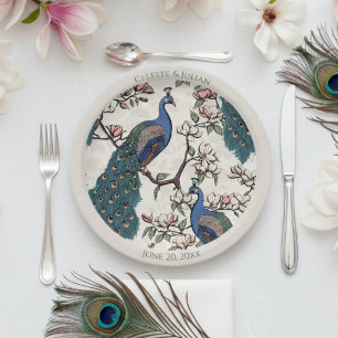 Colorful Peacocks Ivory Paper Plates